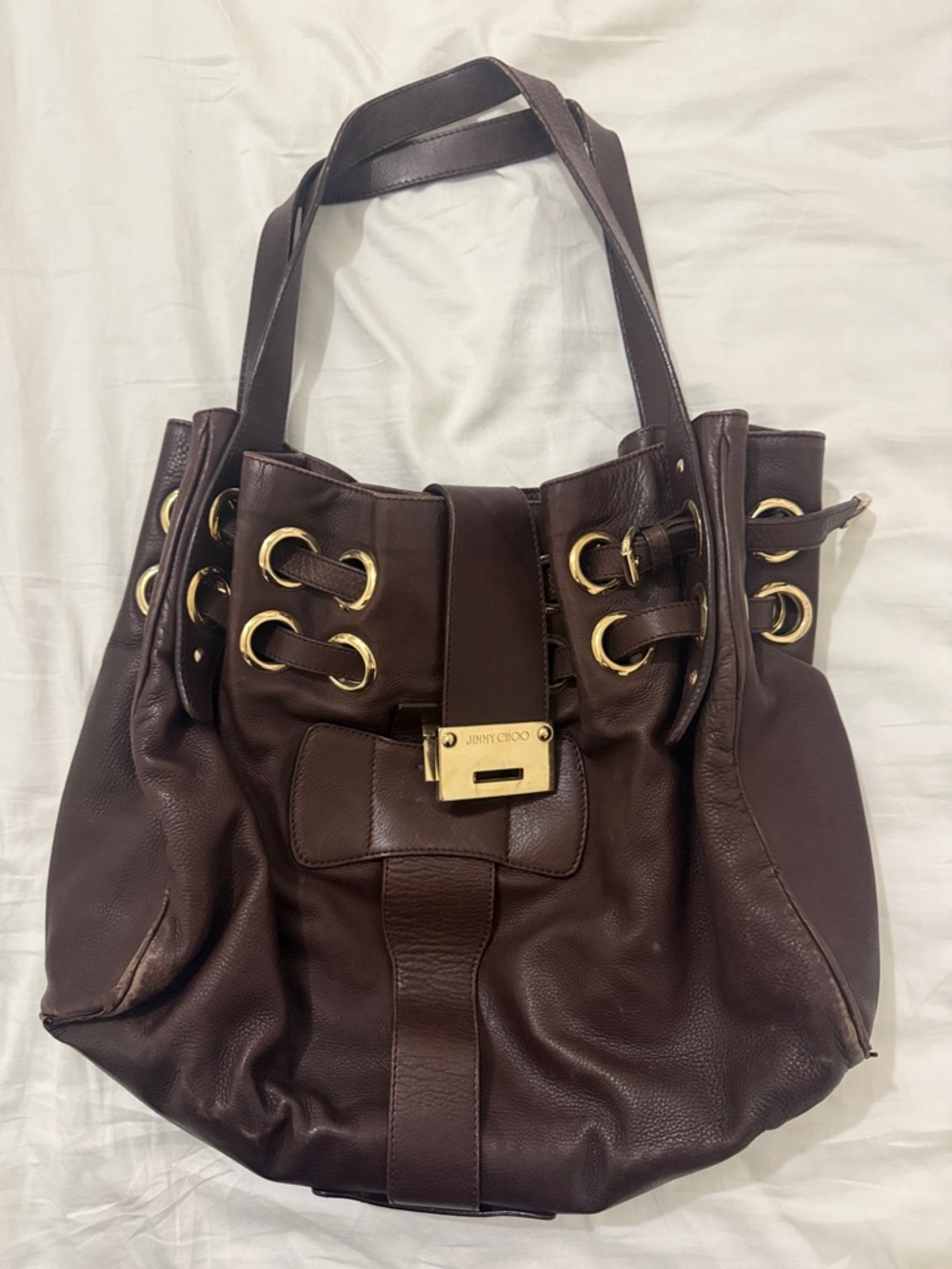 Jimmy Choo Dark Brown Leather Shoulder Bag with Gold Hardware